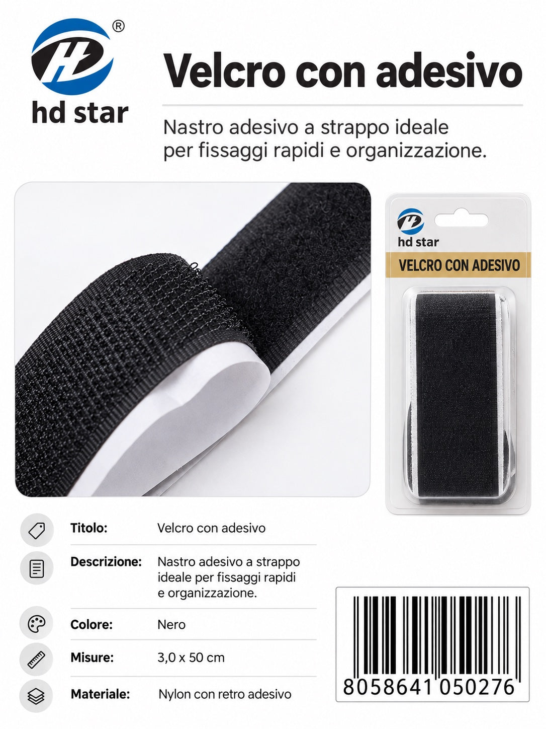 05027 Velcro Adesivo 3.0*50Cm Nero 1/12 Ct 240