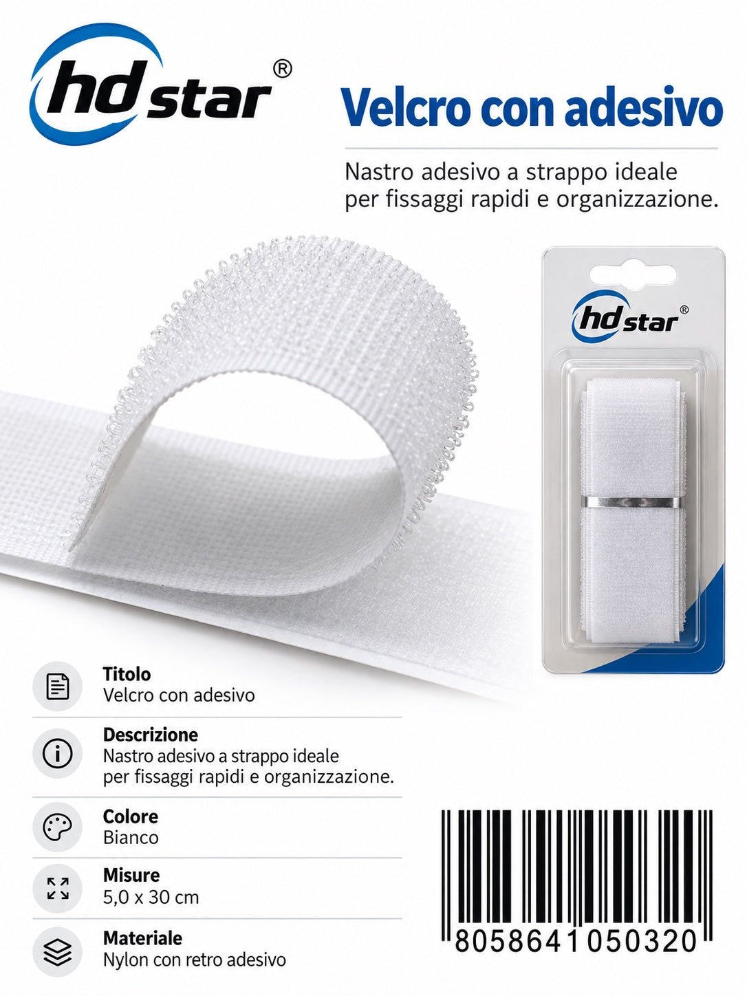05032 Velcro Adesivo 5.0*30Cm Bianco 1/12 Ct 240