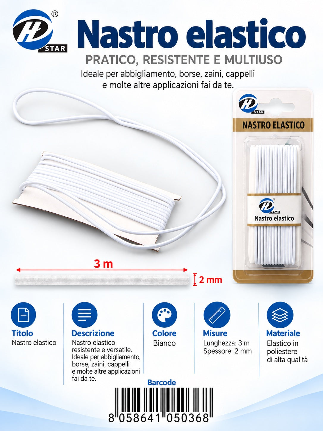05036 Nastro Elastico Tondo 2Mmx3Mt 1/12