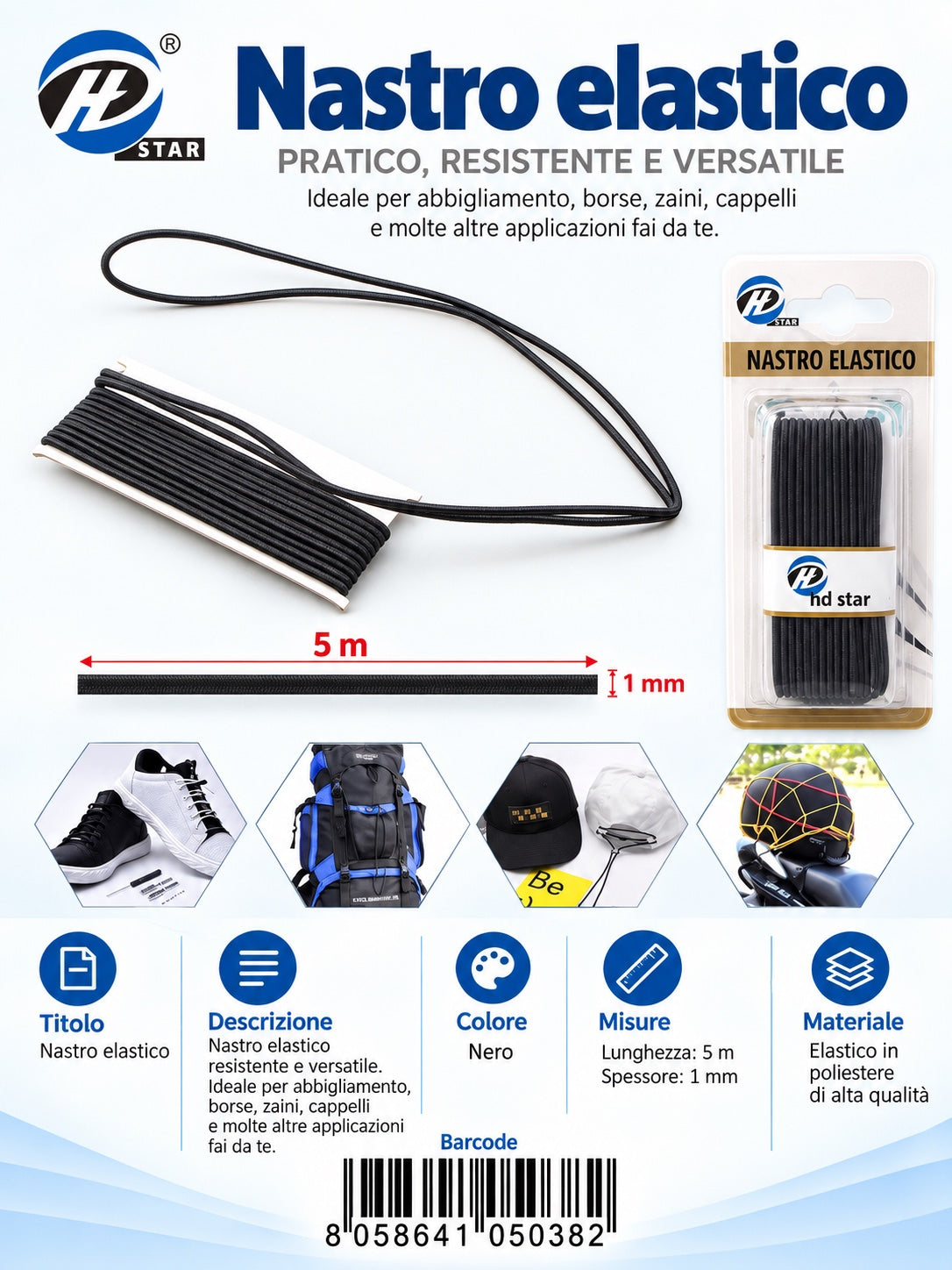 05038 Nastro Elastico Tondo 1Mmx5Mt 1/12