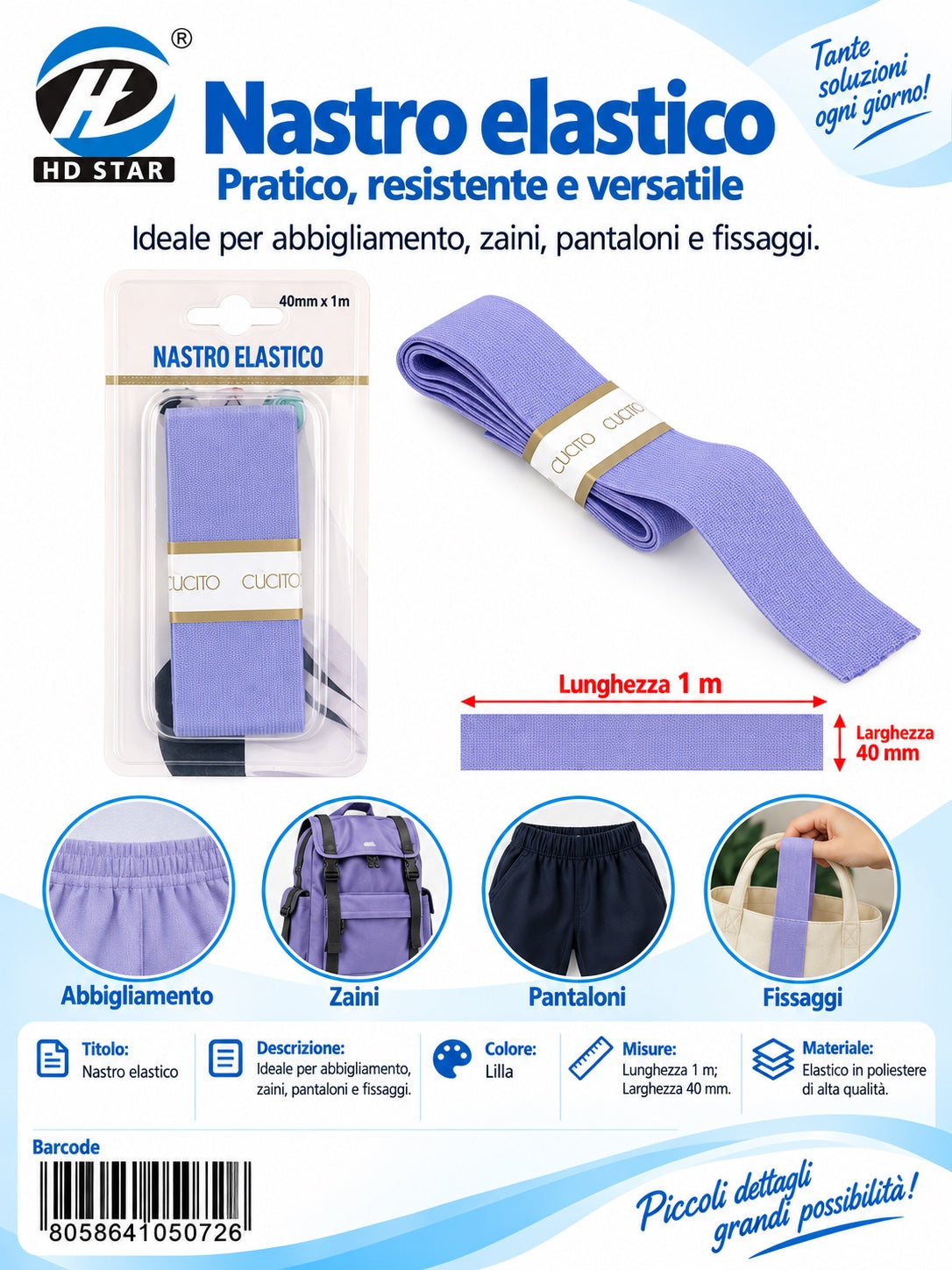 05072 Nastro Elastico Piatto 4.0Cm*1Mt 1/12