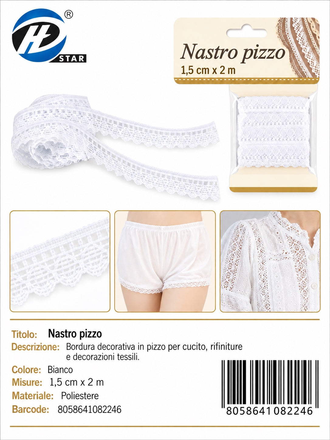 08224 Nastro Pizzo 1.5Cm*2Mt Col. Bianco 1/12 Ct480