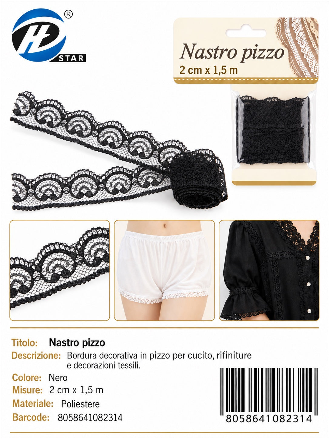 08231 Nastro Pizzo 2.0Cm*1.5Mt Col Nero 1/12 Ct480
