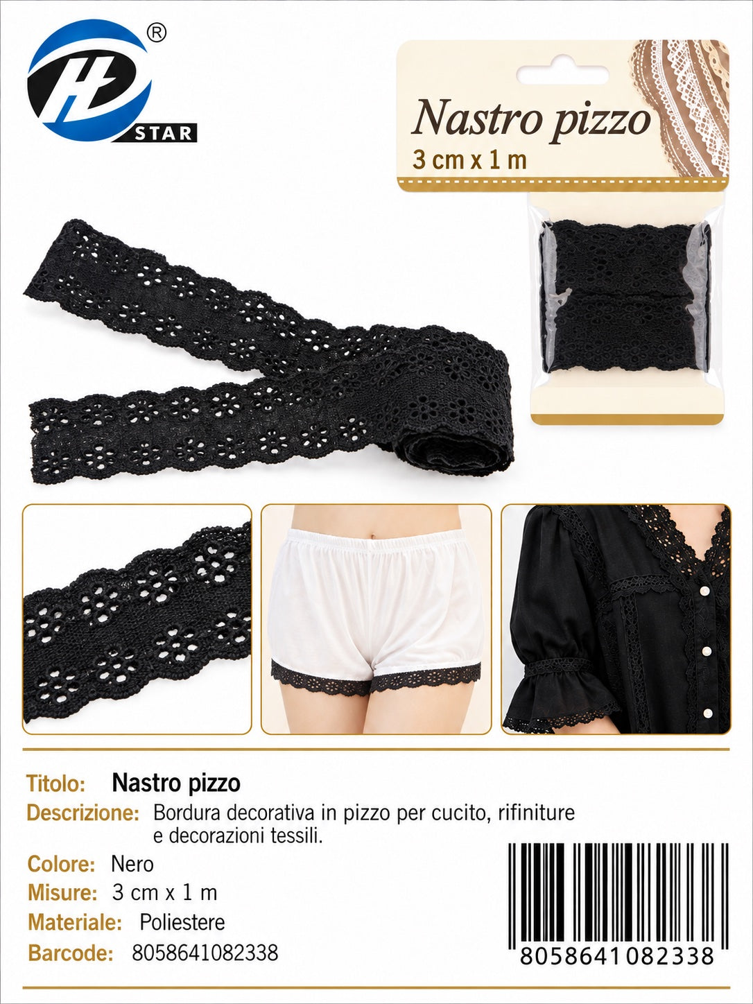 08233 Nastro Pizzo 3.0Cm*1Mt Col Nero 1/12 Ct480