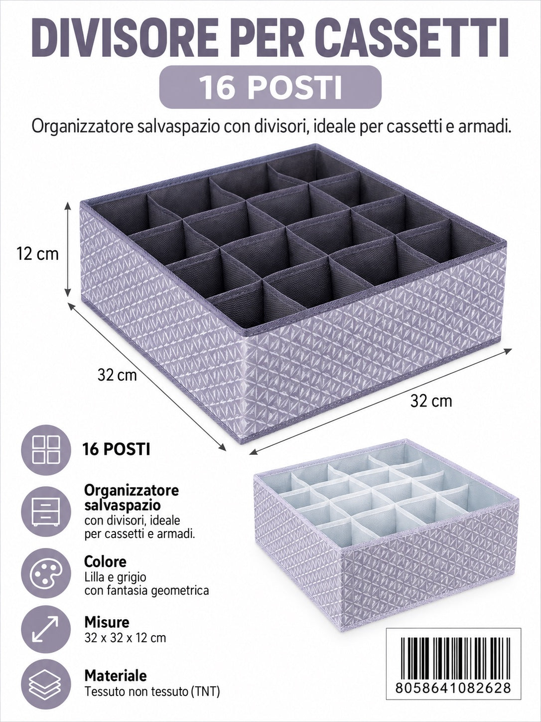 08262 A. Divisore Per Cassetti 32*32*12Cm 16 Scomparti Senza Coperchio 1/6 Ct48