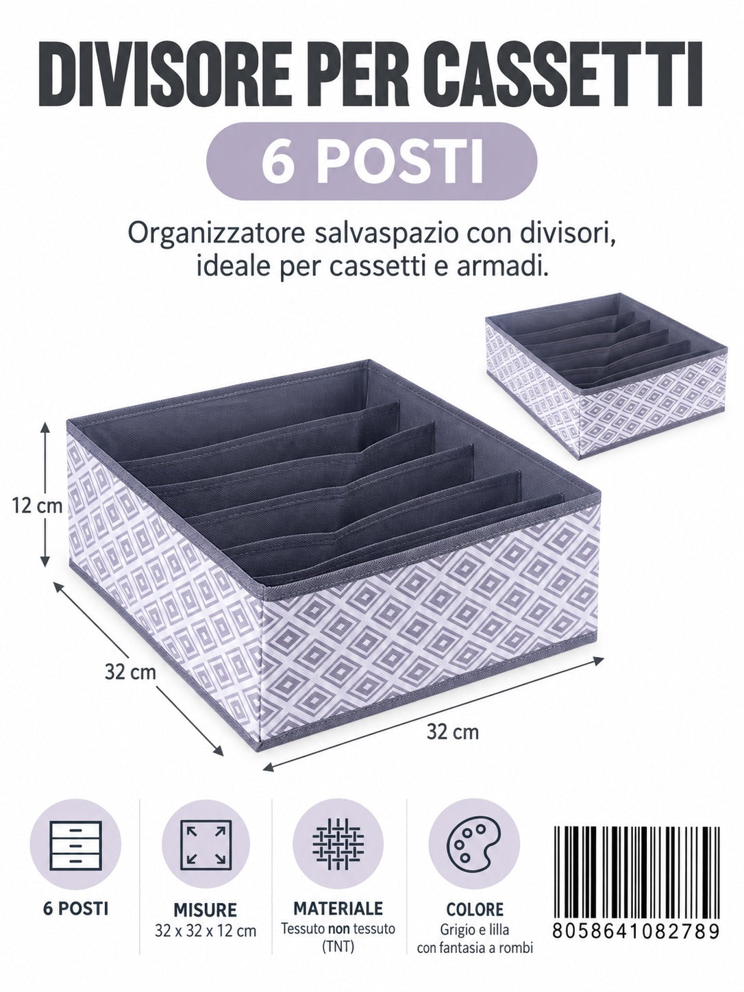 08278 B. Divisore Per Cassetti 32*32*12Cm 6 Scomparti Senza Coperchio 1/6 Ct48