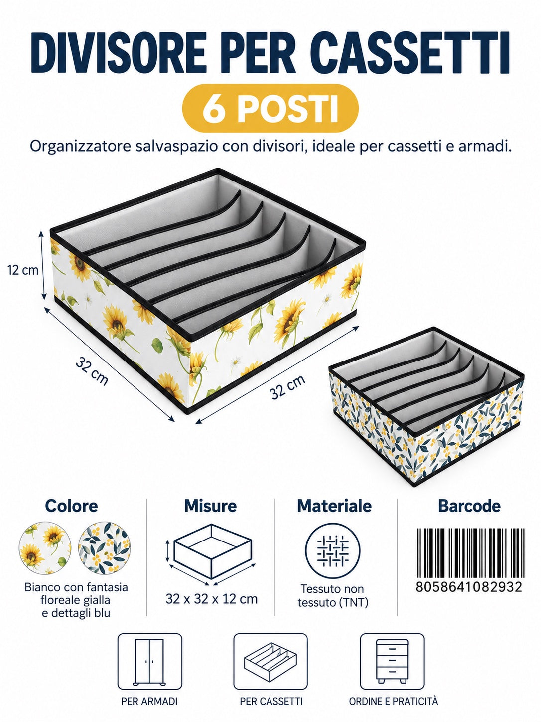 08293 C. Divisore Per Cassetti 32*32*12Cm 6 Scomparti Senza Coperchio 1/6 Ct48