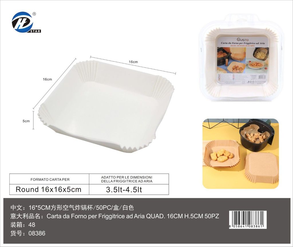 08386 Carta Da Forno Per Friggitrice Ad Aria Quad. 16Cm H.5Cm 50Pz