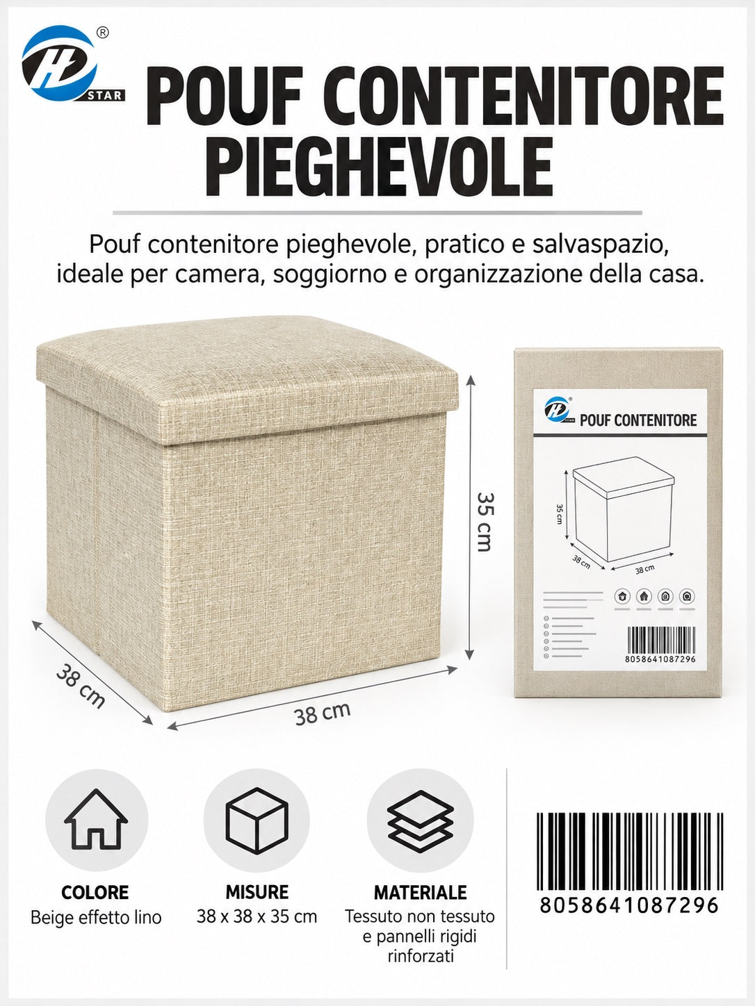 08729 Pouf Contenitore 38X38X35Cm Col. Beige Ct10