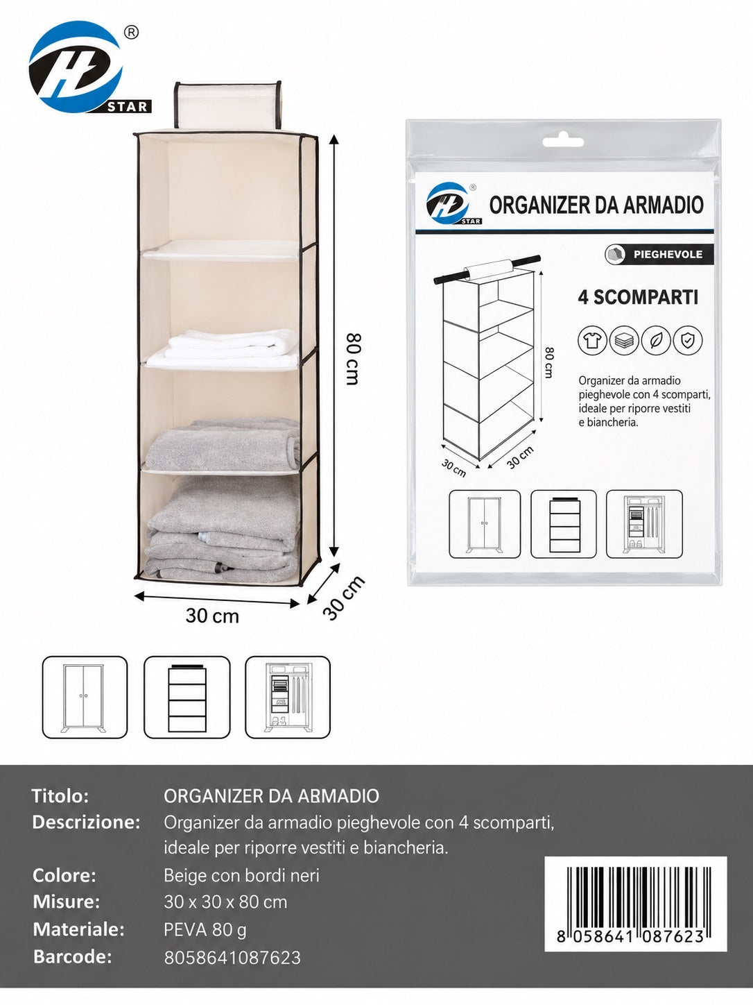 08762 T.U. Organizer Appendibile Da Armadio 30*30*80Cm 4Posti 1/6 Ct48