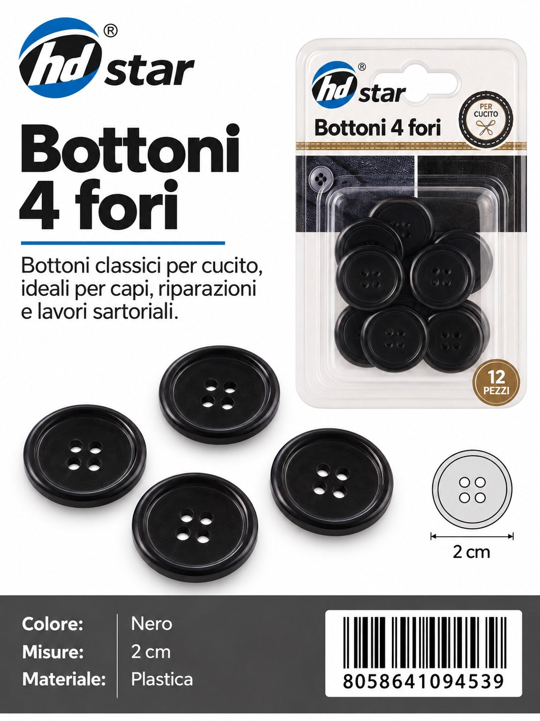 09453 Bottoni 2Cm 12Pcs Col. Nero 1/12 Ct480