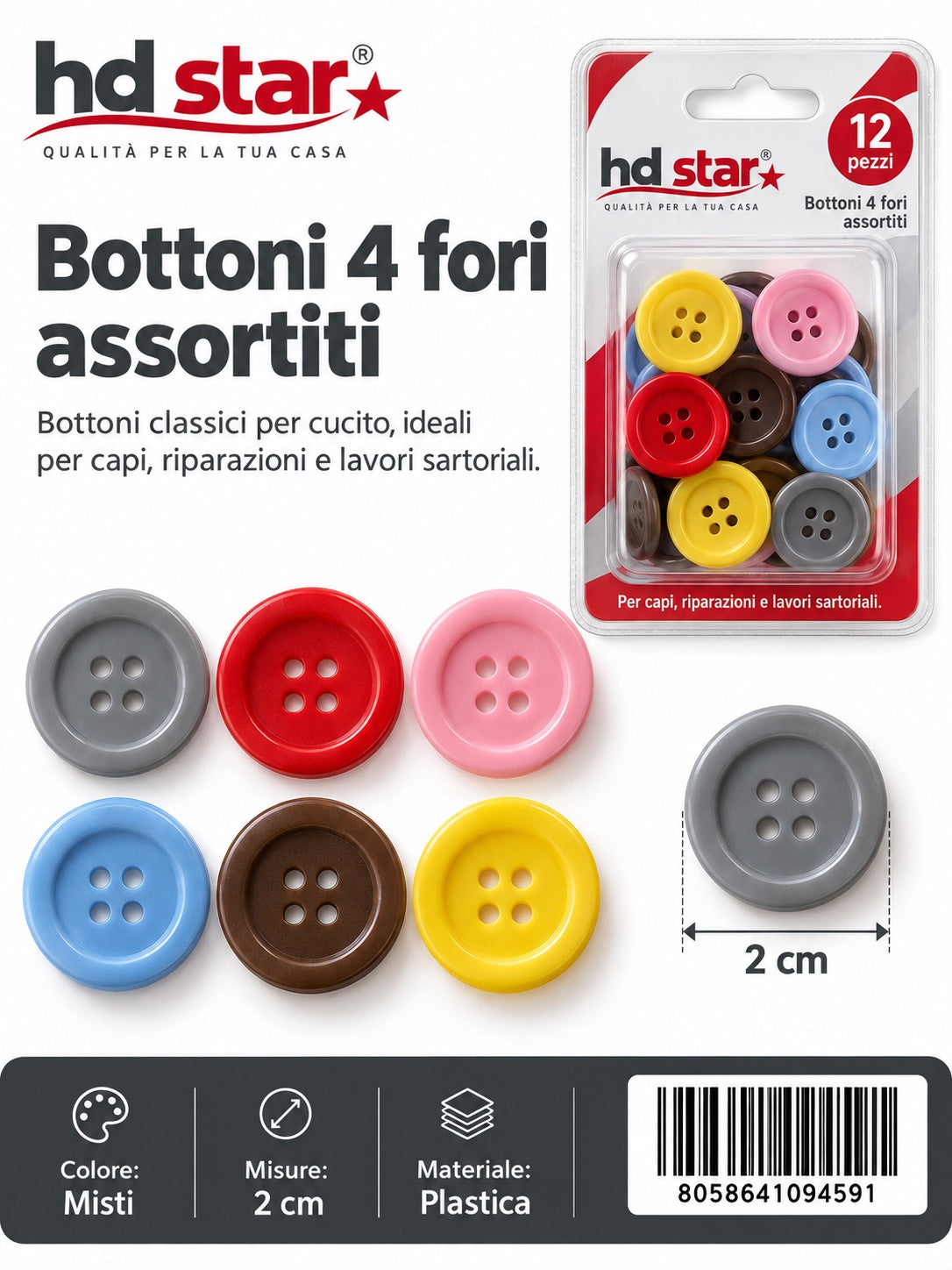 09459 Bottoni 2Cm 12Pcs Col. Assortiti 1/12 Ct480