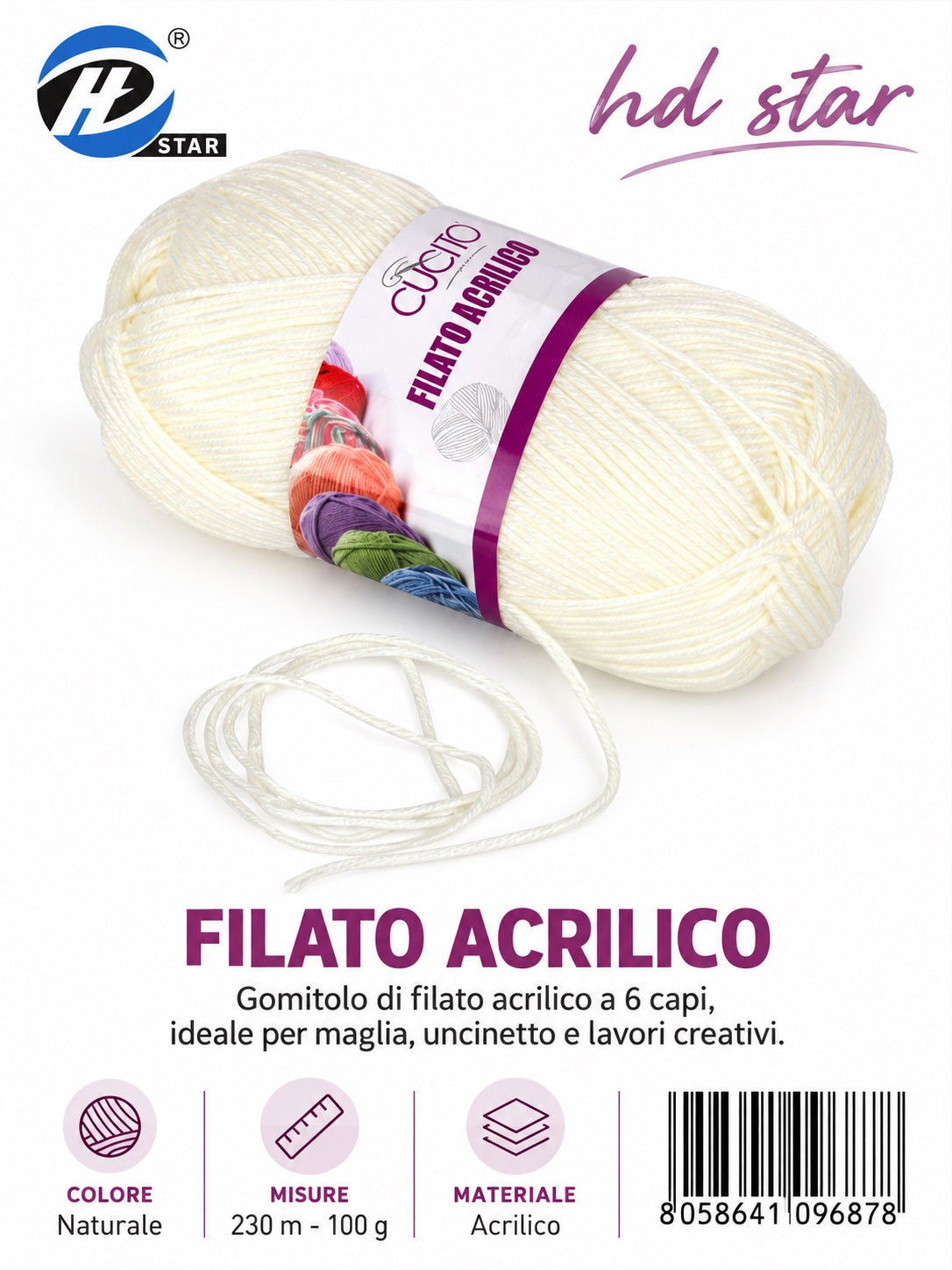 09687 Gomitolo Di Filato Acrilico 100G Mis.6 Col.02 1/6 Ct120