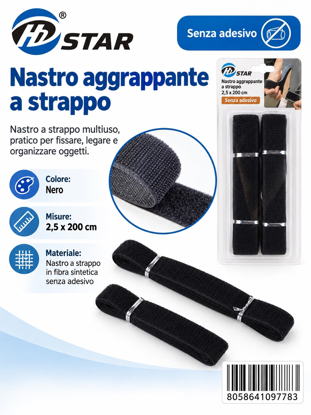 09778 Nastro Aggrappante A Strappo Bianco 2.5*200Cm Senza Adesivo 1/6 Ct120