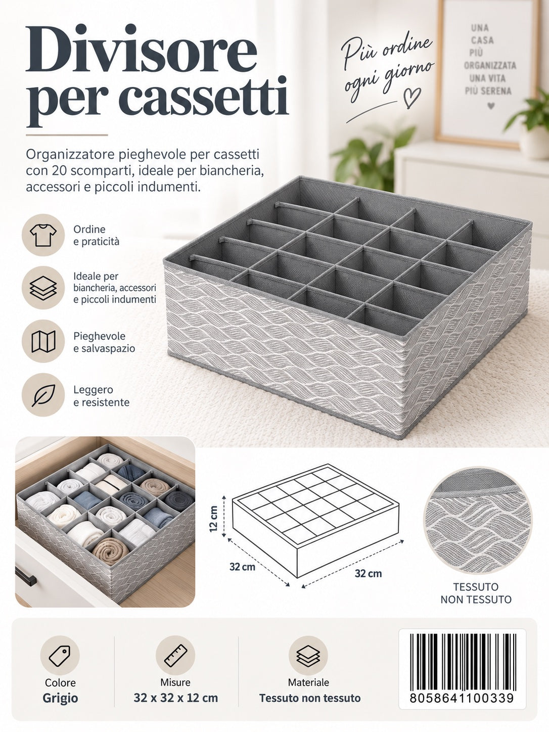 4110033 Fantasia Onde Divisore Per Cassetti Senza Coperchio 20 Posti 32*32*12Cm 1/6 Ct96