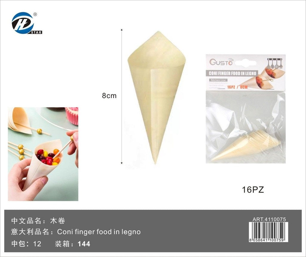 4110075 Coni Finger Food In Legno 8Cm-16Pz 1/12 Ct144 8Cm-16Pz