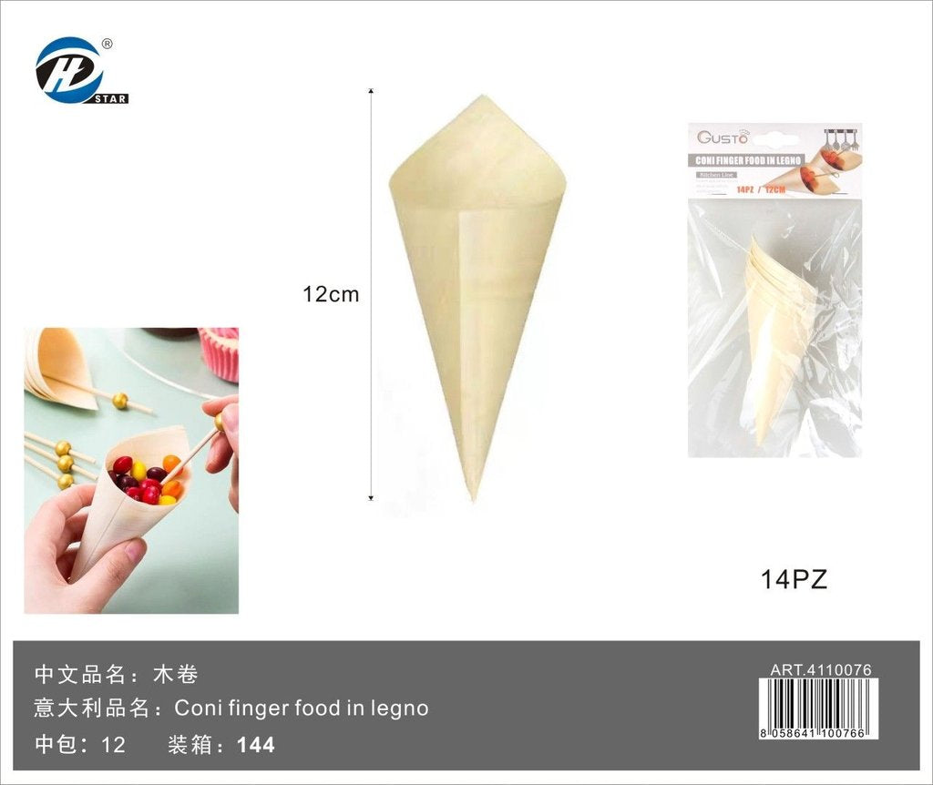 4110076 Coni Finger Food In Legno 12Cm-14Pz 1/12 Ct144 12Cm-14Pz