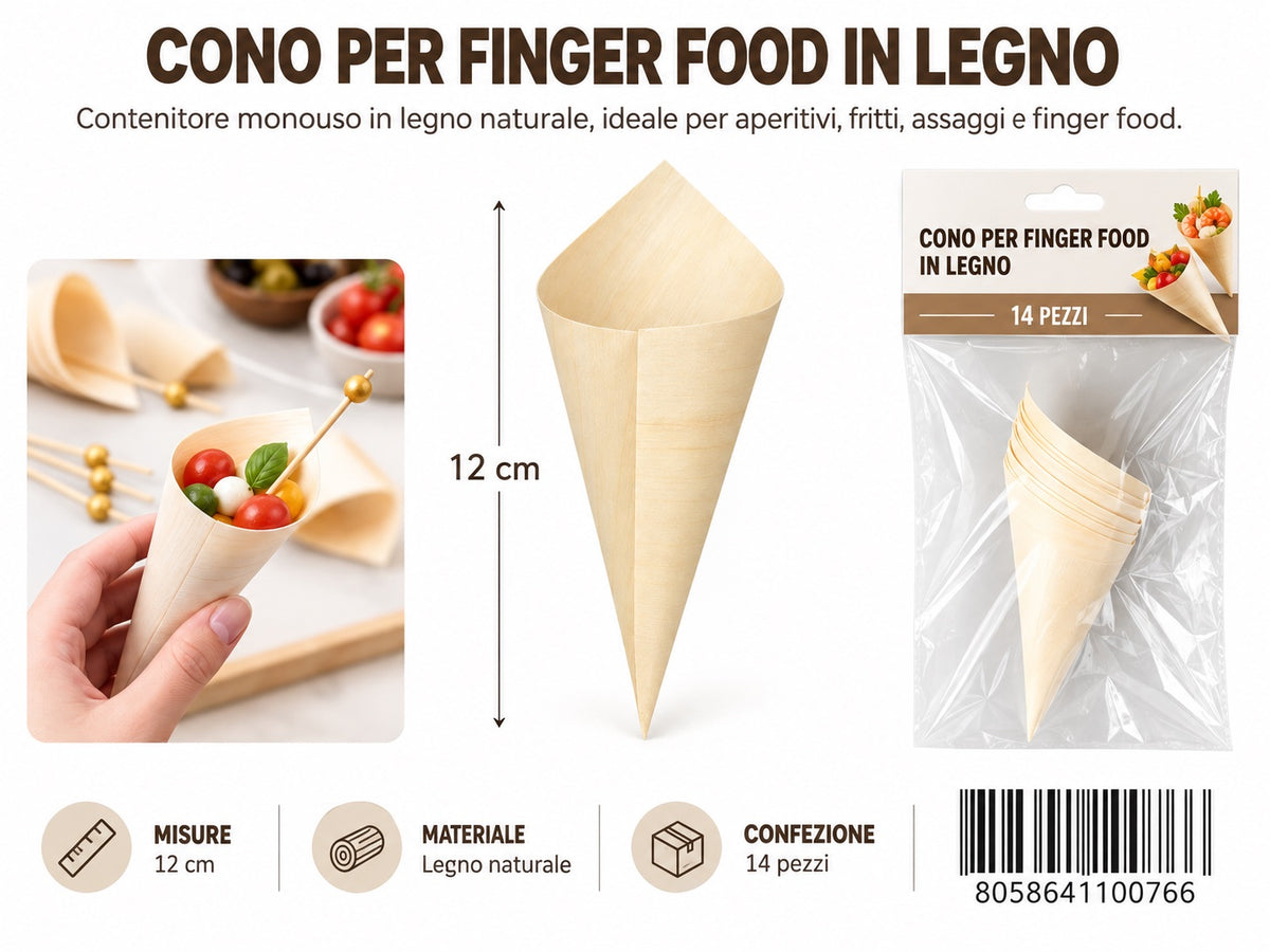 4110076 Coni Finger Food In Legno 12Cm-14Pz 1/12 Ct144 12Cm-14Pz