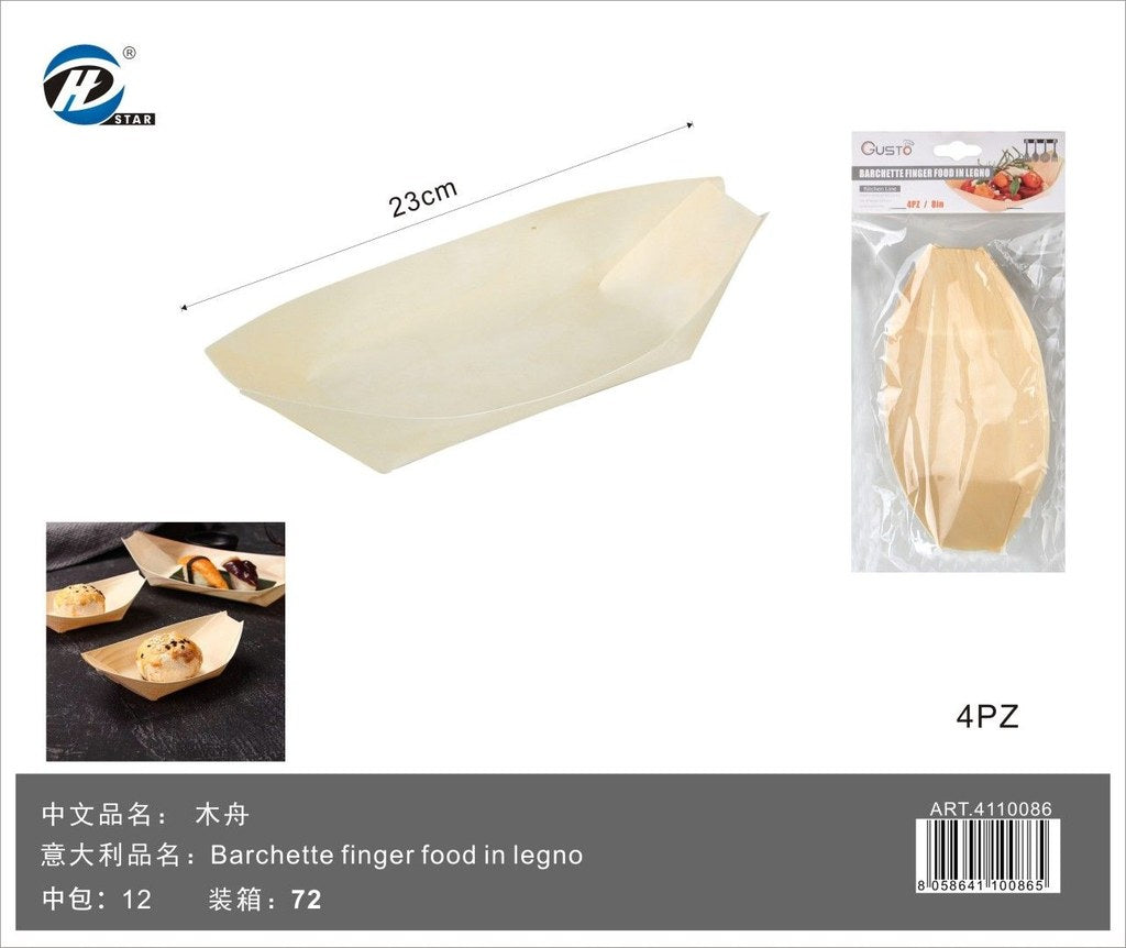 4110086 Barchette Finger Food In Legno 23Cm-4Pz 1/12 Ct72 23Cm-4Pz