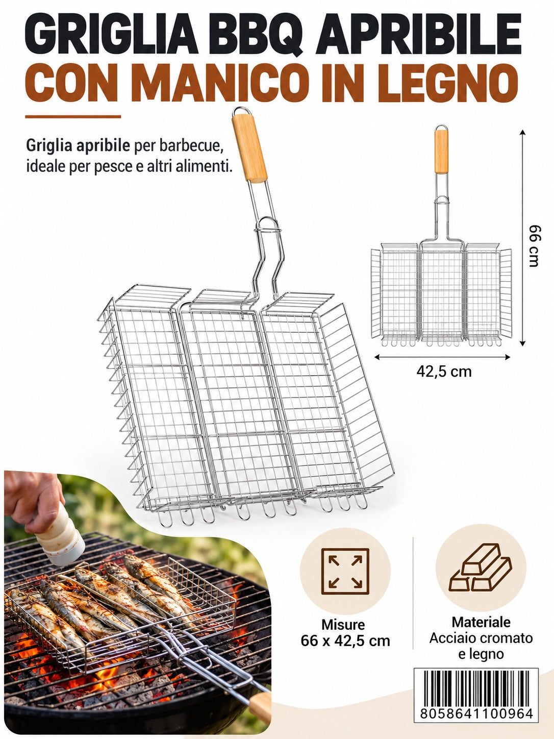 4110096 Griglia Bbq M/Legno In Acciaio 430 40X30Cm Ct18