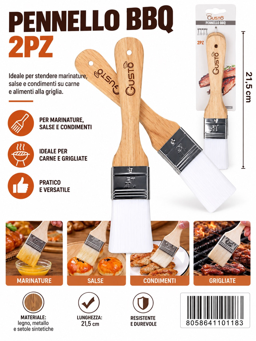 4110118 Pennello Bbq In Nylon Con Manico Legno 21,5Cm 2Pz Ct144