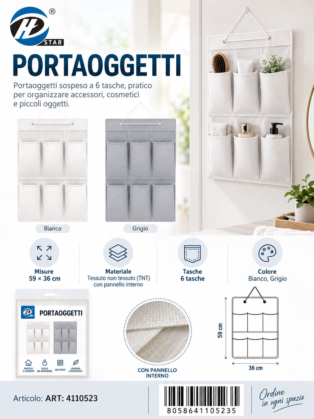 4110523 Portaoggetti Da Appendare 6 Tasche 59*36Cm Ct60 6 59*36Cm