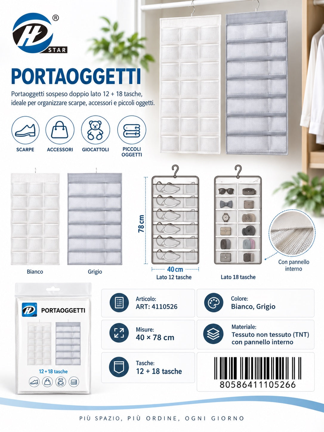 4110526 Portaoggetti Da Appendare 12+18 Tasche*78Cm 12+18Ct60 40*78Cm 12+18