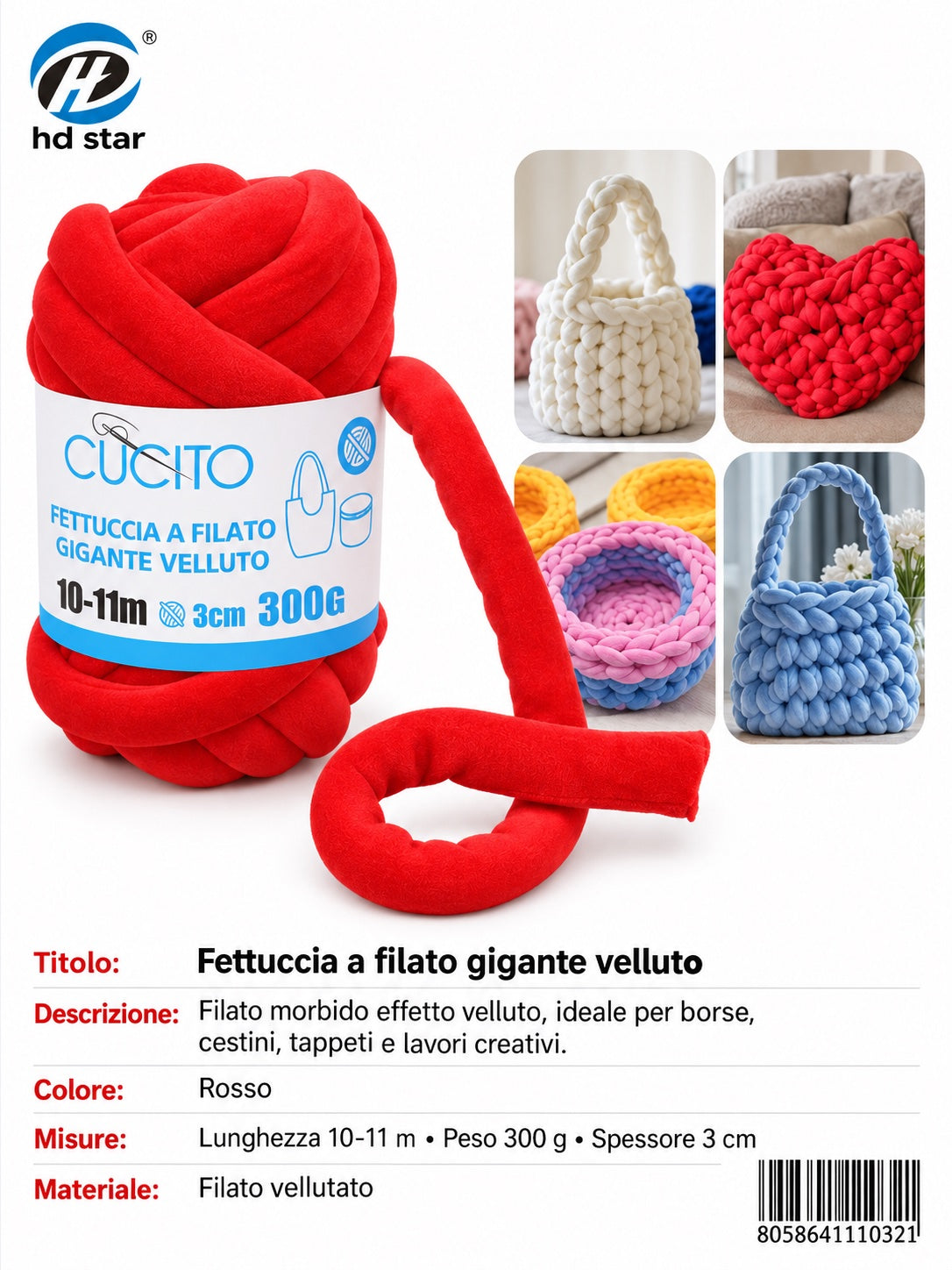 4111032 Fettuccia A Filato Gigante Velluto 300G Col. Rosso Vivo 1/6 Ct48