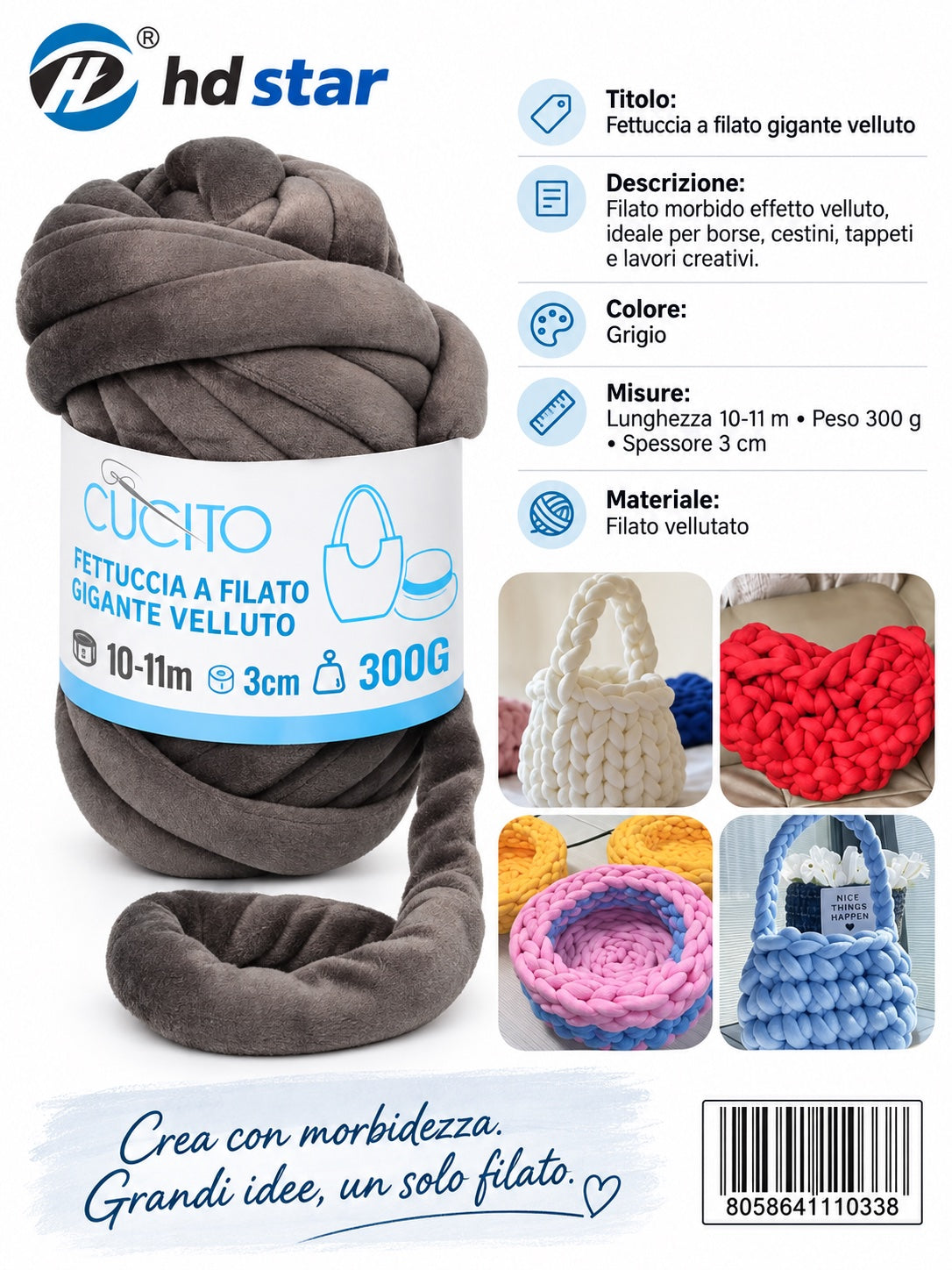 4111033 Fettuccia A Filato Gigante Velluto 300G Col. Grigio 1/6 Ct48