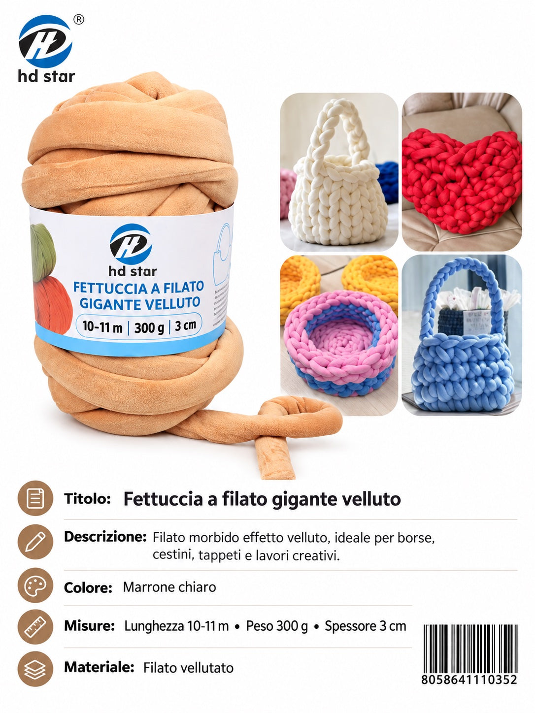 4111035 Fettuccia A Filato Gigante Velluto 300G Col. Marrone Chiaro 1/6 Ct48