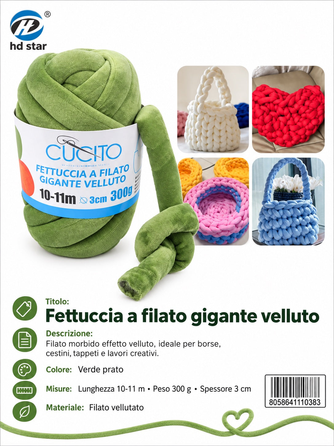 4111038 Fettuccia A Filato Gigante Velluto 300G Col. Verde Erba 1/6 Ct48