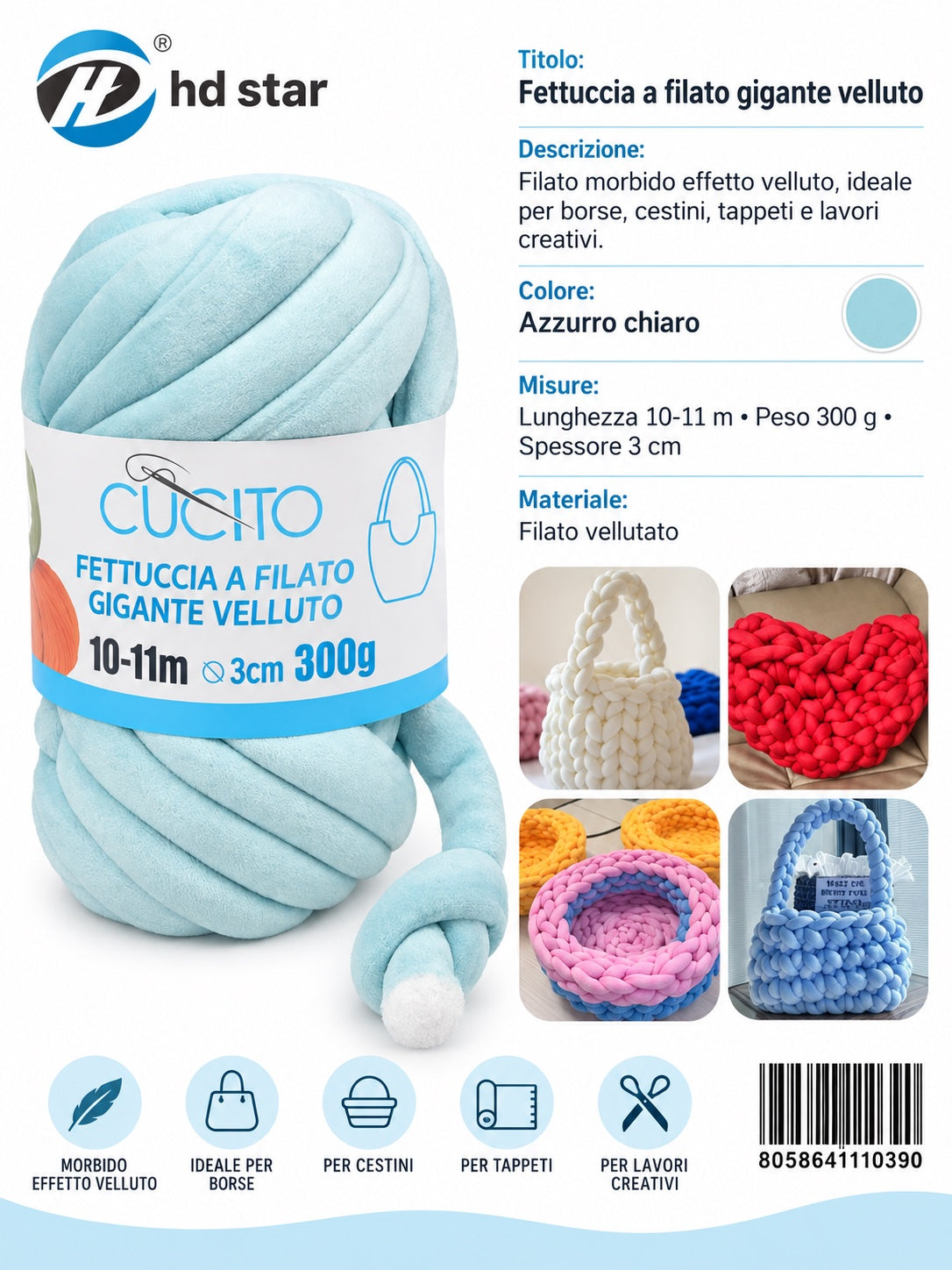 4111039 Fettuccia A Filato Gigante Velluto 300G Col. Blu Chiaro 1/6 Ct48