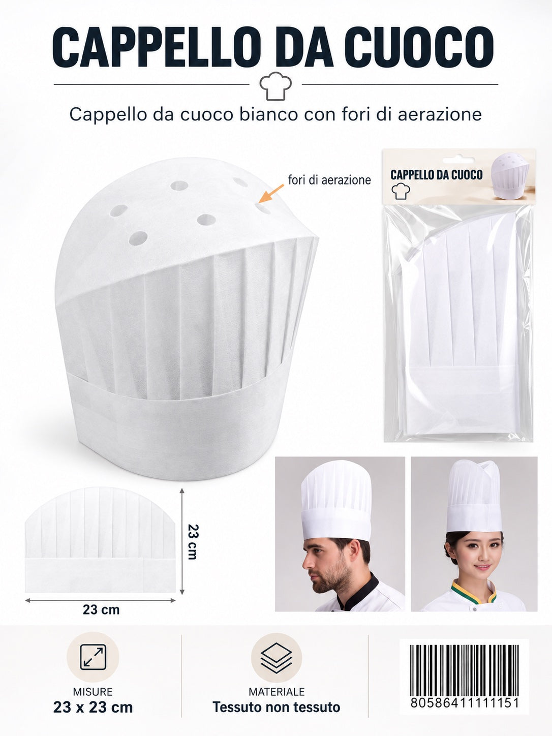 4111115 Cappello Da Cuoco In Tnt 23Cm 2Pz 1/12 Ct360