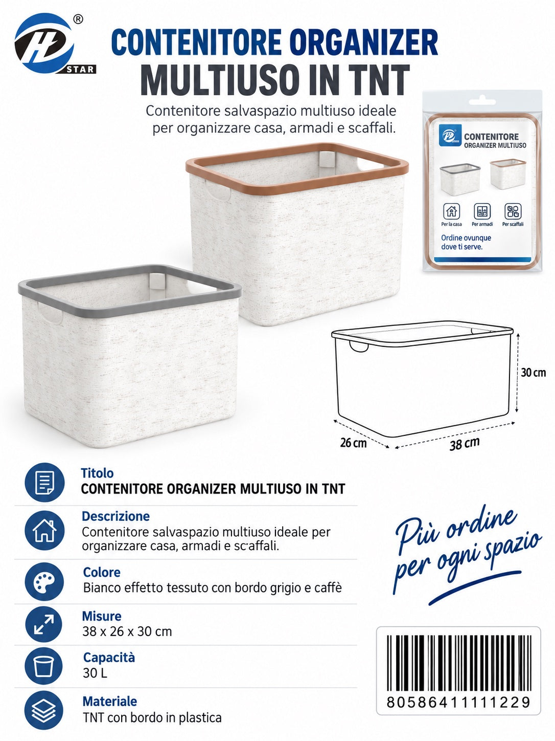 4111122 Contenitore Organizer In Tnt 120G, 38X26X30Cm, Colori Misti (Caff¨¨/Grigio) Ct12