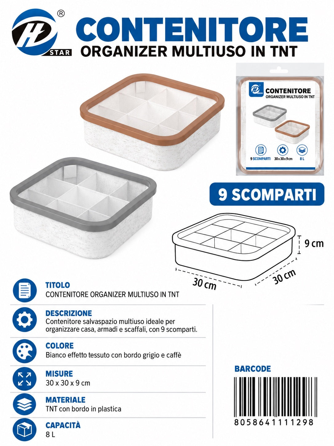 4111129 Organizer Senza Coperchio, 9 Scomparti, 30X30X9Cm (Tnt 120G+80G) Ct24