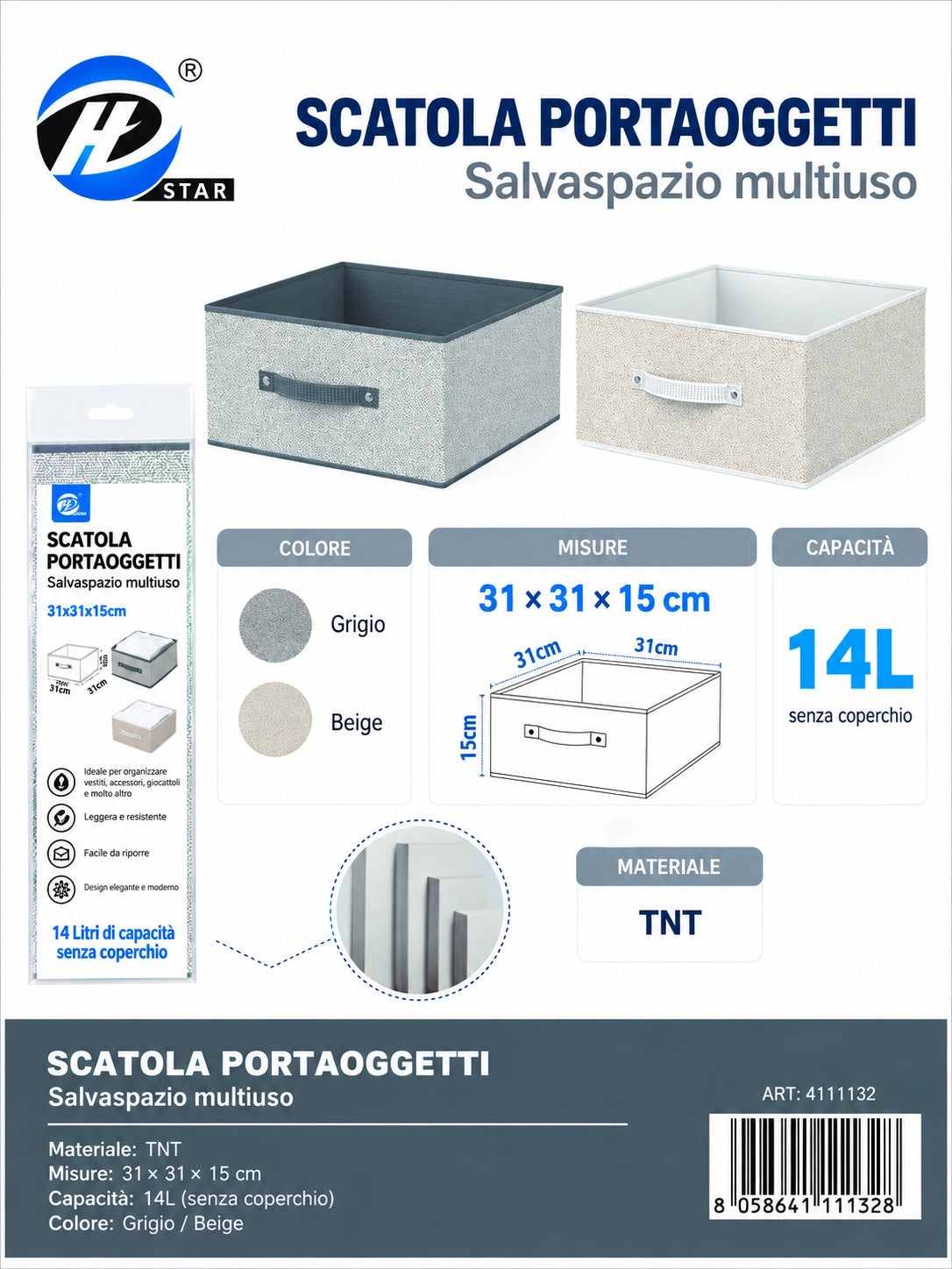 4111132 Scatola Portaoggetti Salvaspazio Multiuso Senza Coperchio Con Manico 31X31X15 Cm 1/6 Ct24