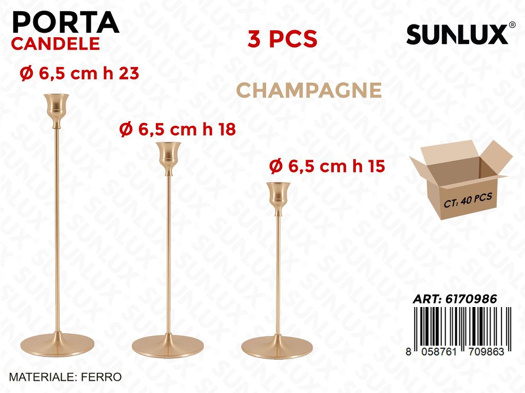 Sunlux Porta Candele Ferro Champagne 3PCS Ass.