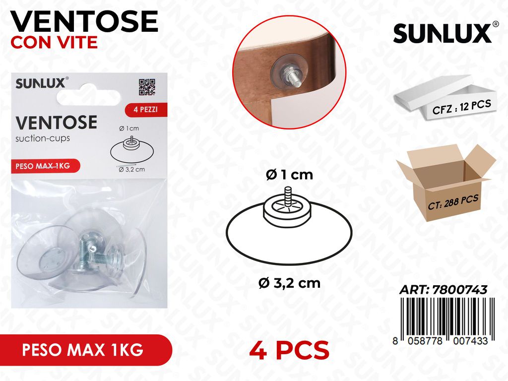 Sunlux Ventose c/Vite Pvc 4PCS Max 1KG 1*3.2CM