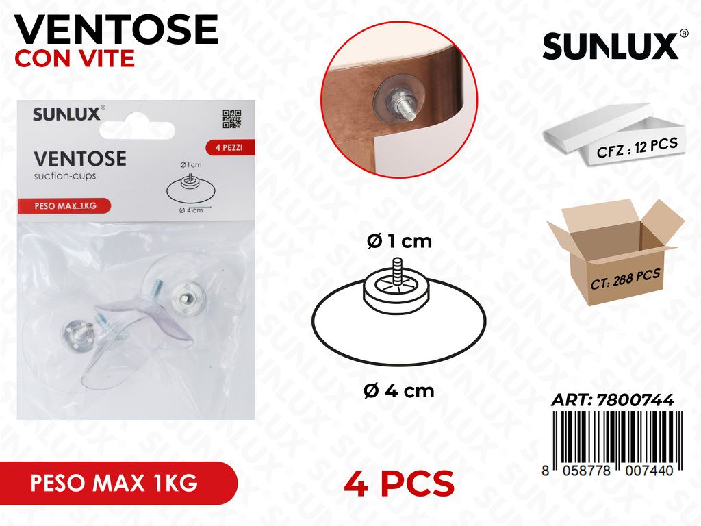 Sunlux Ventose c/Vite Pvc 4PCS Max 1KG 1*4CM