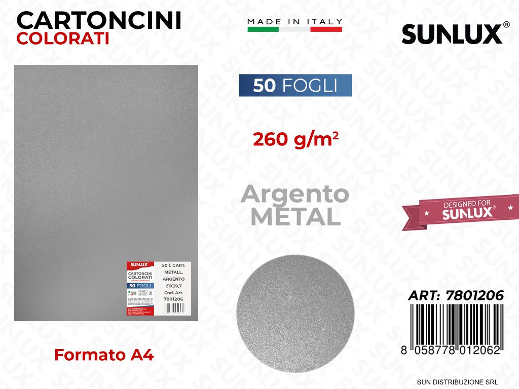 Cartoncini Col. Arg. Metal F.to A4 260GR 50FF