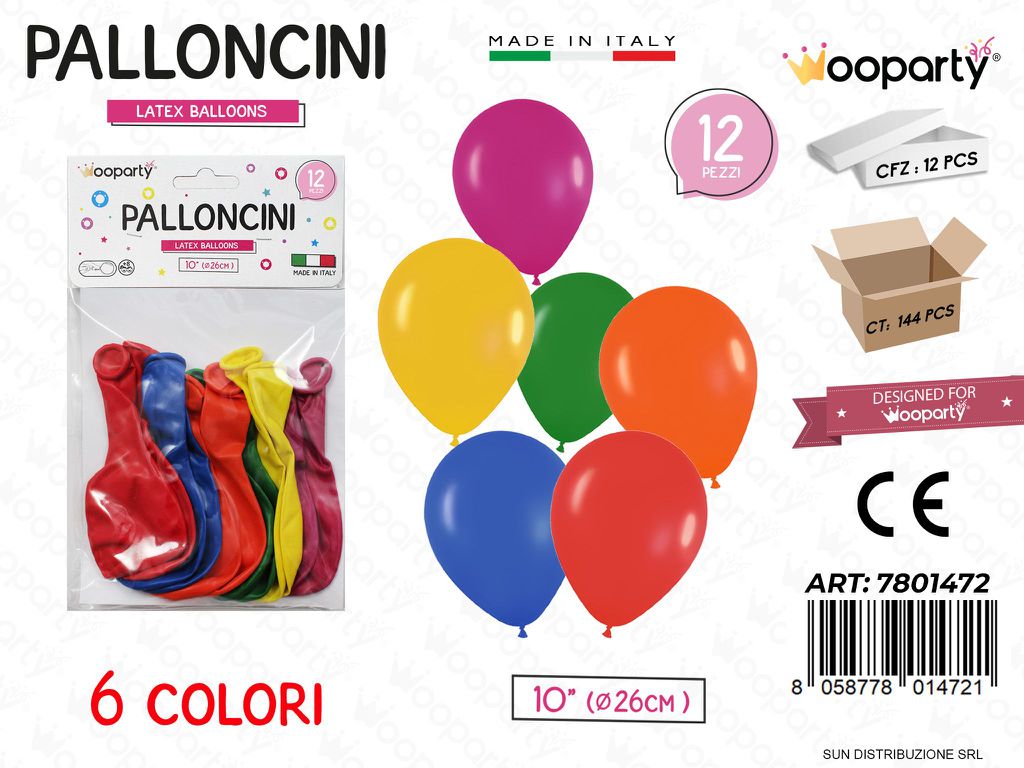 Palloncini 6Colori Ass. 10'''' D.26Cm 12Pcs