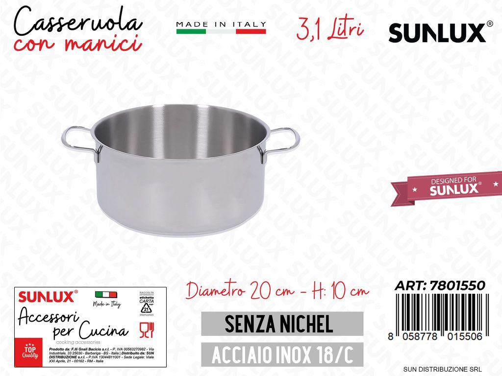 Casseruola Fonda c/ Manici Inox 20*10CM 3.1LT