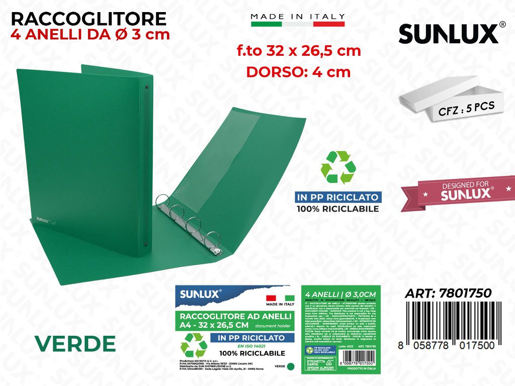 Raccoglitore Ad Anelli Verde F.to D.4*32*26.5CM
