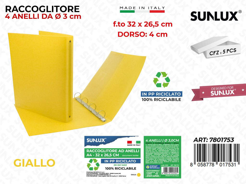 Raccoglitore Ad Anelli Giallo F.to D.4*32*26.5CM