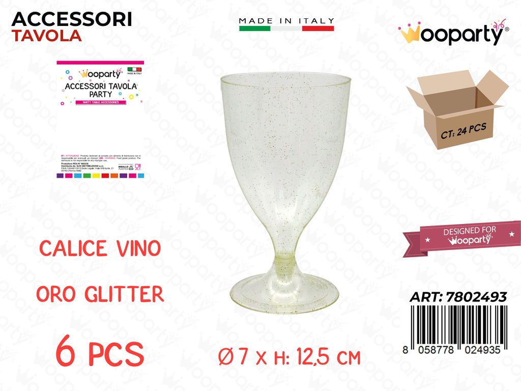 Calice Vino Oro Glitter Trasp. Plast. 6PCS 7*12.5CM