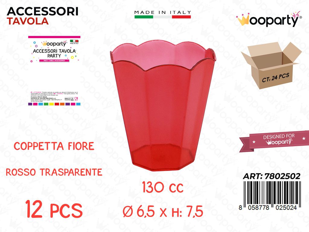Coppetta Fiore Rosso Plast. 12PCS 130CC 6.5*7.5CM