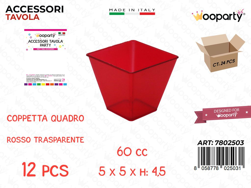 Coppetta Quadro Rosso Plast. 12PCS 60CC 5*5*4.5CM