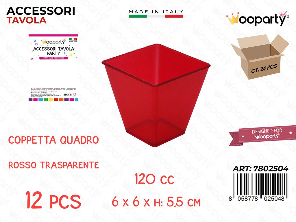 Coppetta Quadro Rosso Plast. 12PCS 120CC 6*6*5.5CM