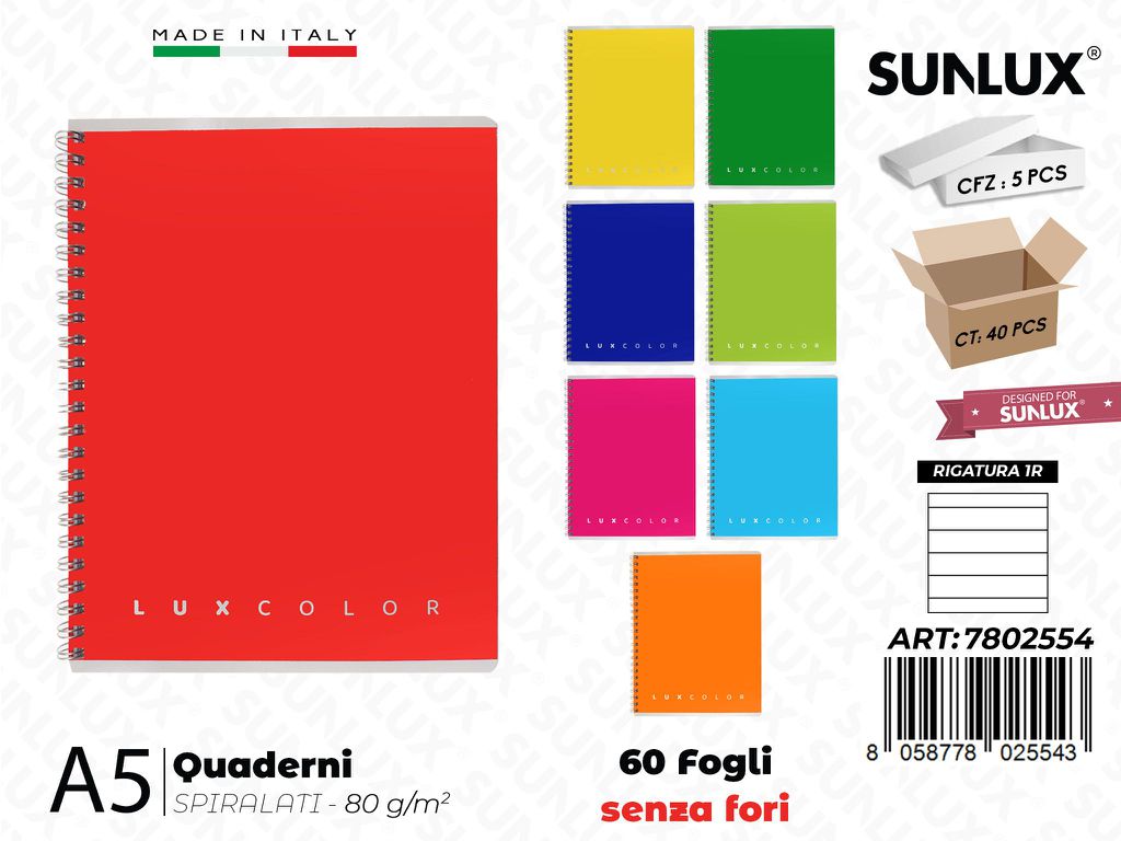 1R Luxcolor Quaderni A5 Spiral. 60FF 80GR