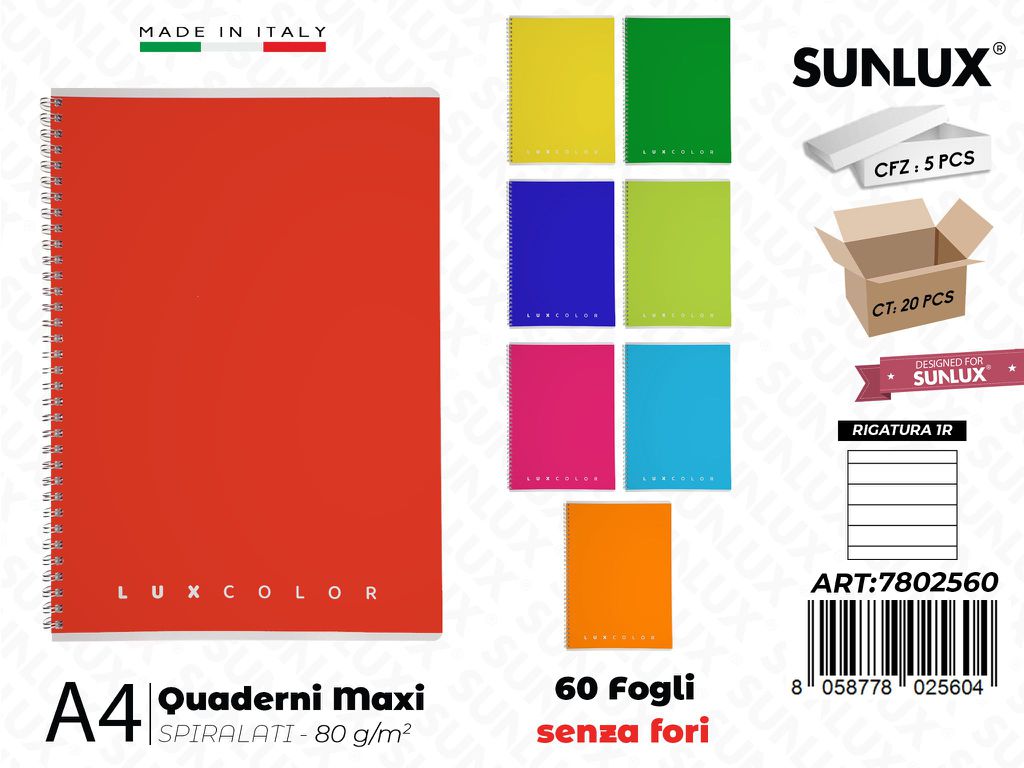 1R Luxcolor Maxiquaderni A4 Spiral. 60FF 80GR